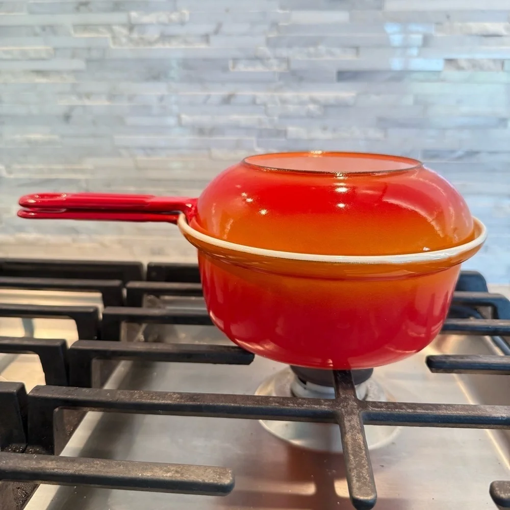 DESCOWARE Vintage 70s Belgium Orange Enamel Cast Iron Sauce Pan Skillet Lid